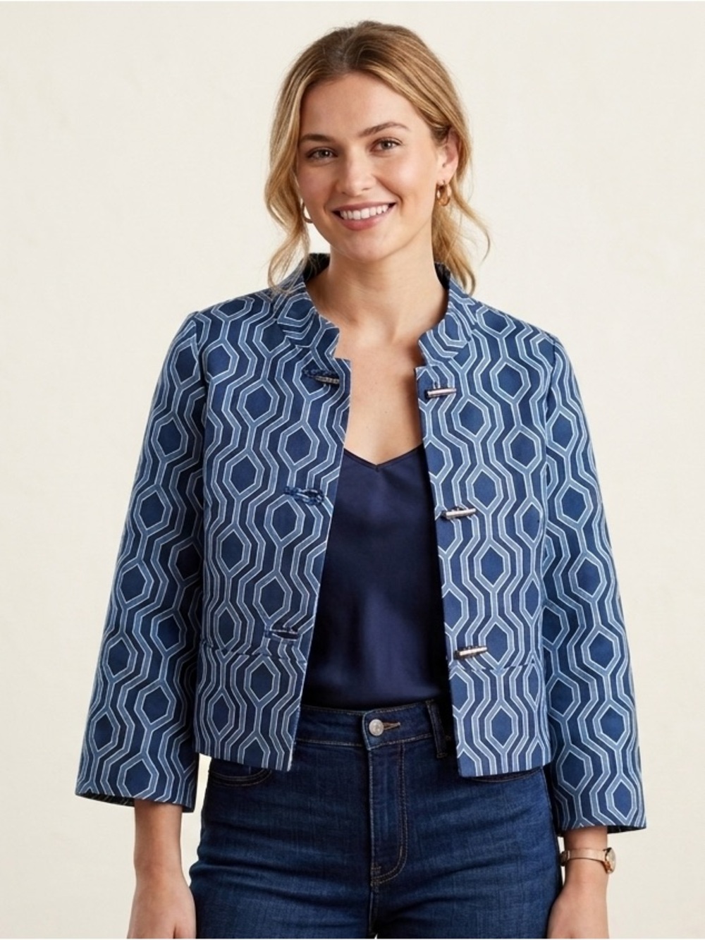 VINTAGE MUNSINGWEAR ORIGINAL PENGUIN BLAZER Jacket Size Geometric Blue Cropped M